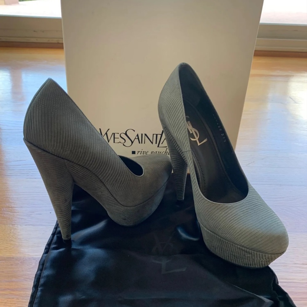 YSL ALIAMA 105 PUMP PRINT MELILLA ANTRACITE Platform High Heels Shoes Sz 7.5